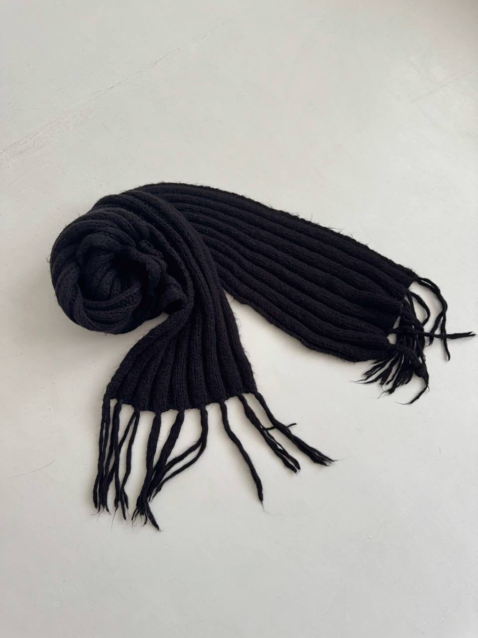 Vintage black knitted warm scarf with tassels