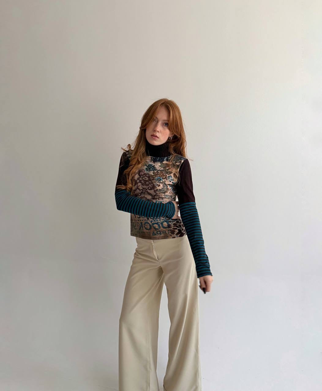 Vintage viscose printed blouse with knitted turtleneck