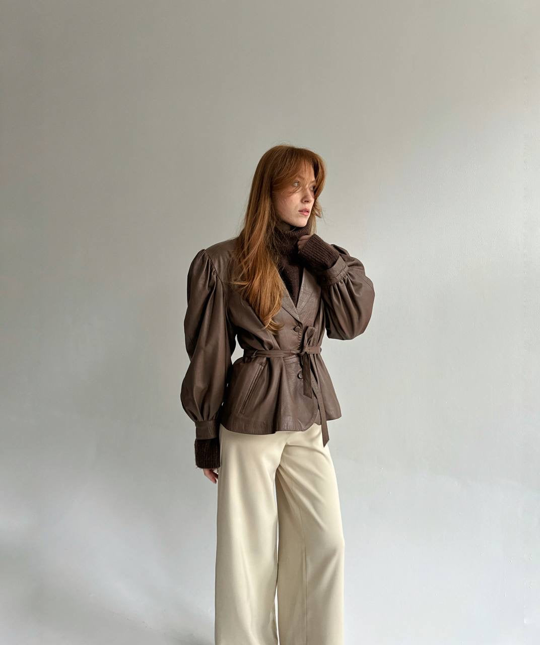 Vintage faux leather jacket with waist tie