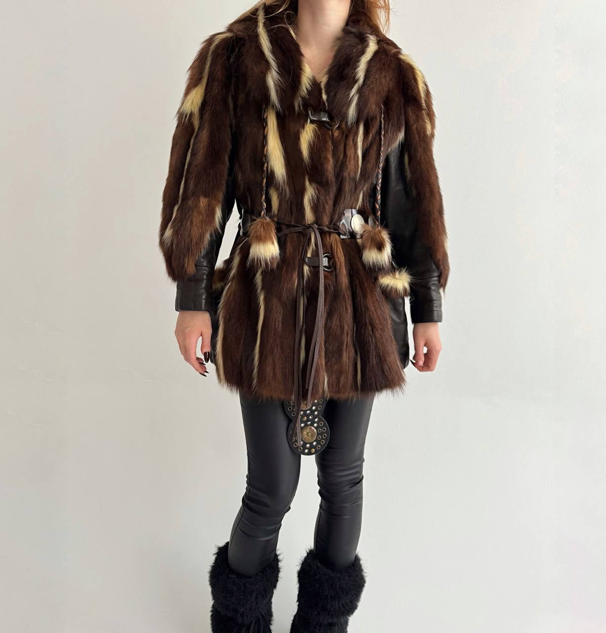 Vintage real fur coat with tortoise shell belt