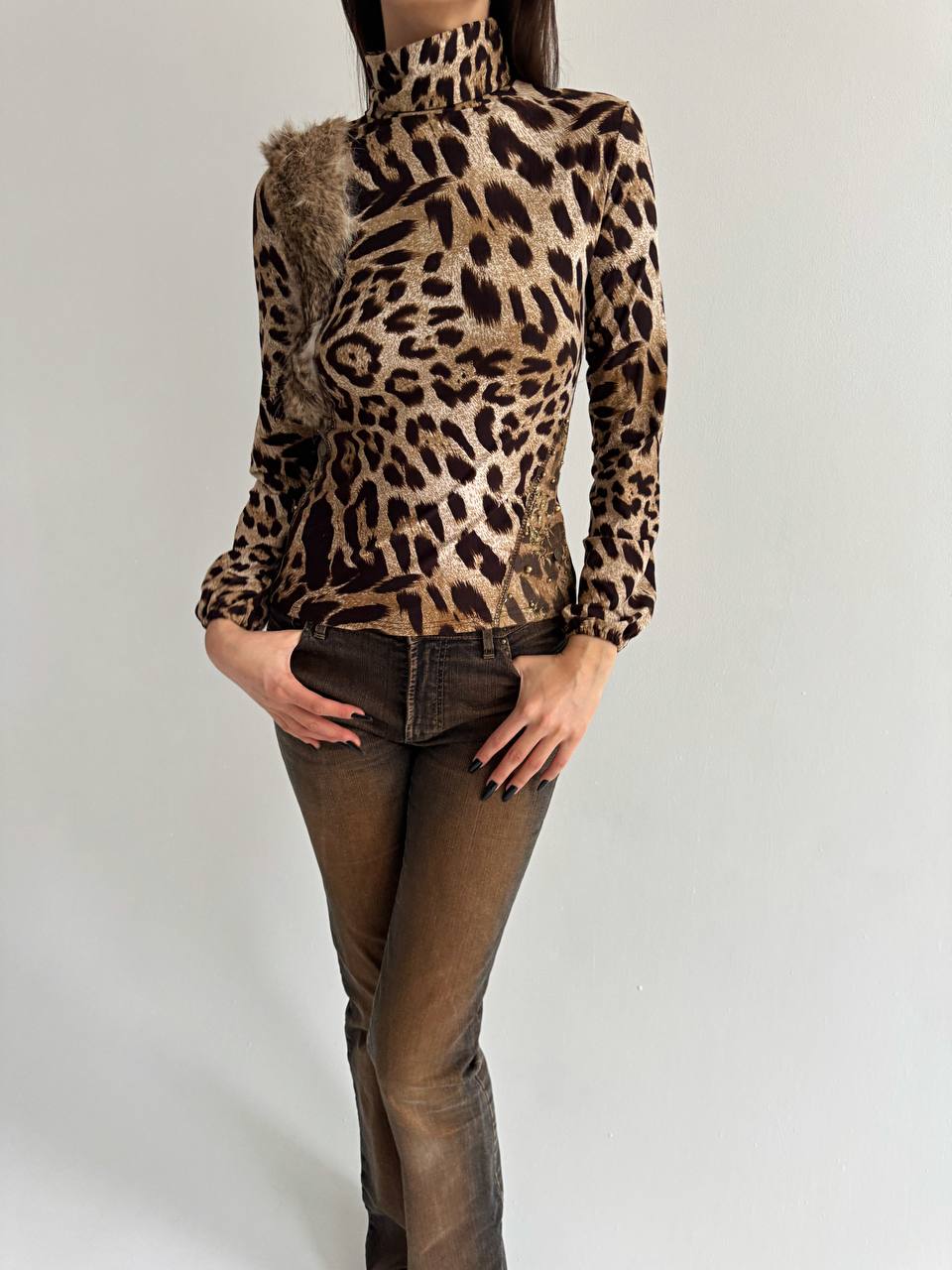 Vintage cotton leopard blouse with fur