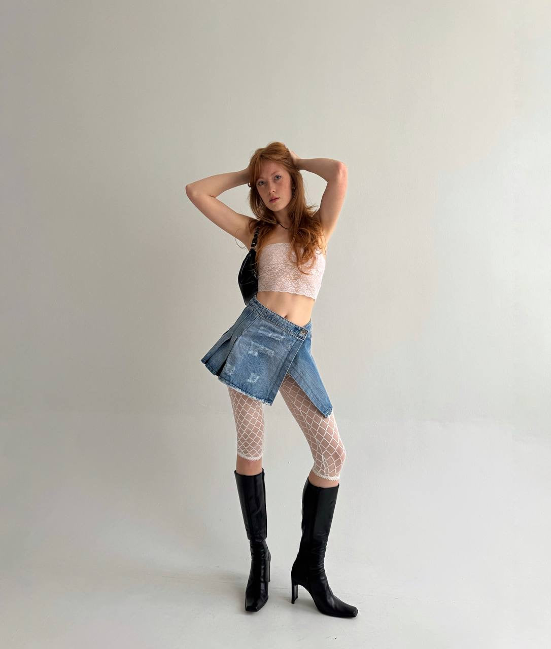 Vintage light blue denim asymmetrical pleated skirt