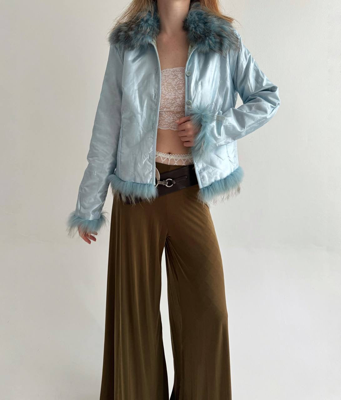 Vintage baby blue satin jacket with mixed faux