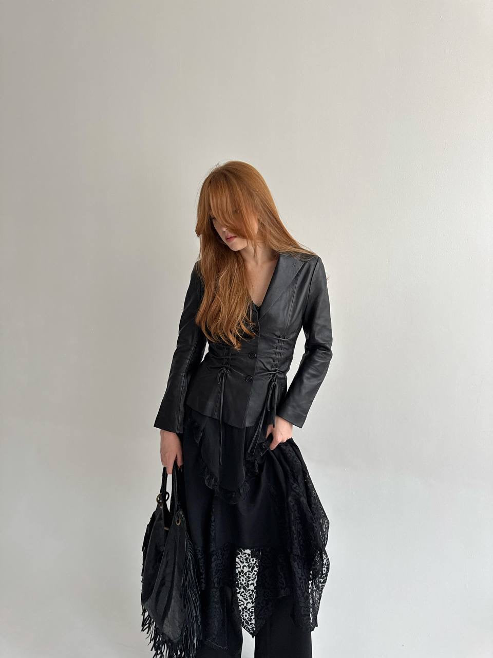 Vintage genuine leather black fitted jacket