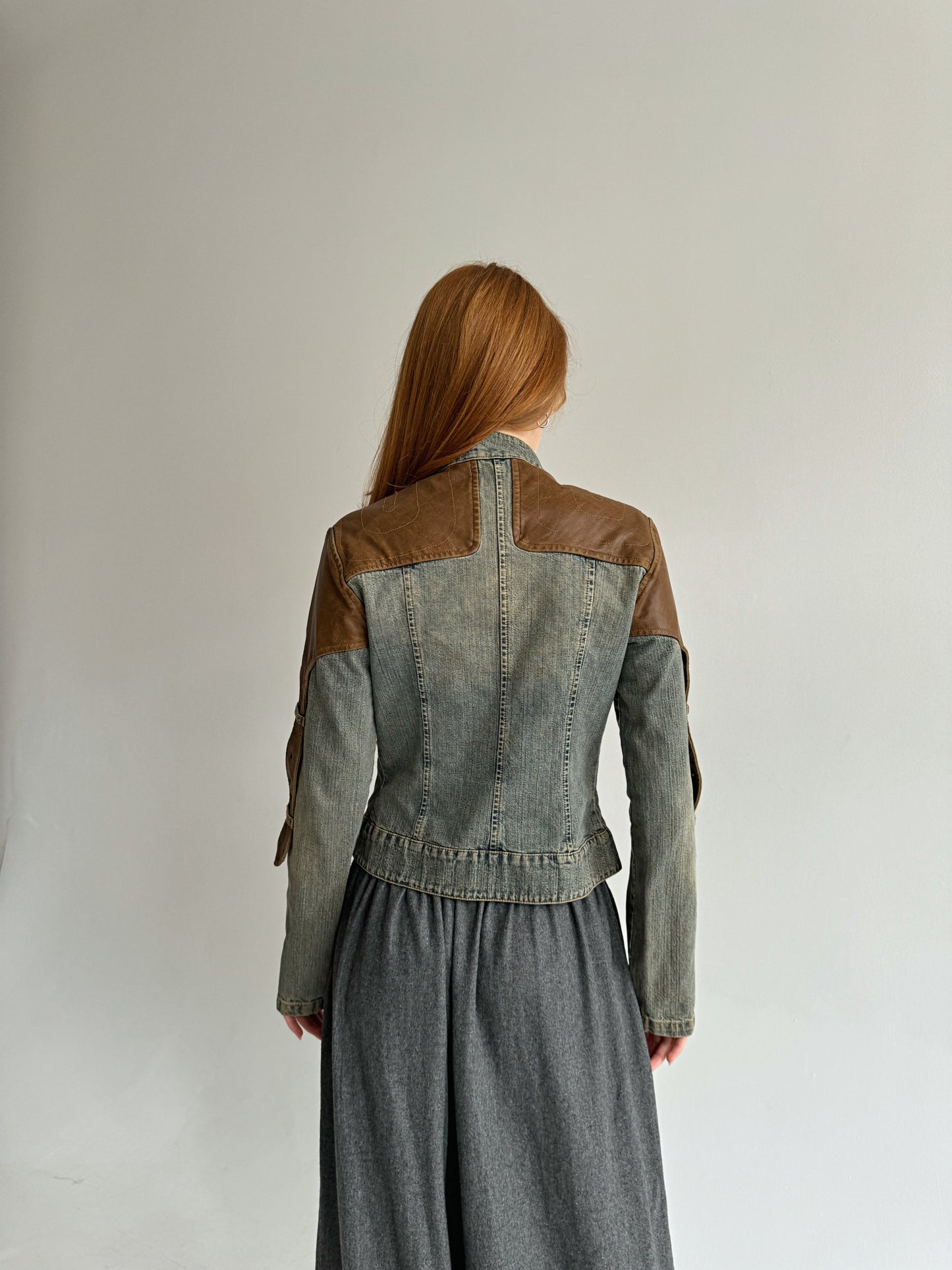 Vintage washed denim fitted moto jacket