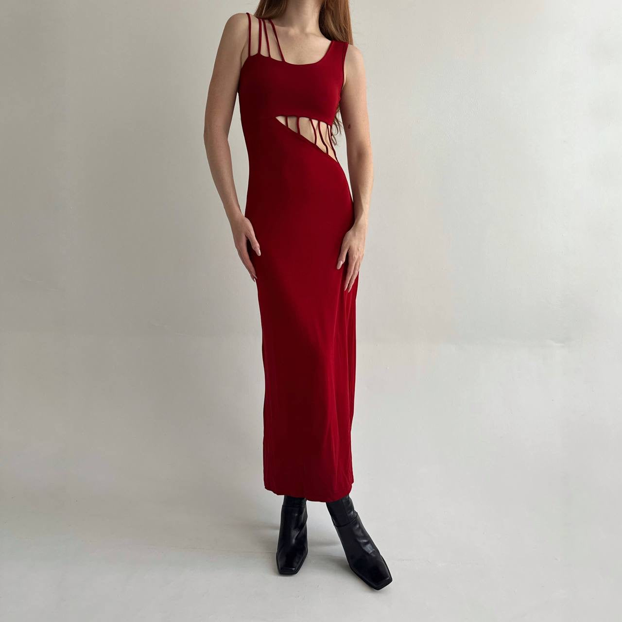 Vintage red long dress with cuts