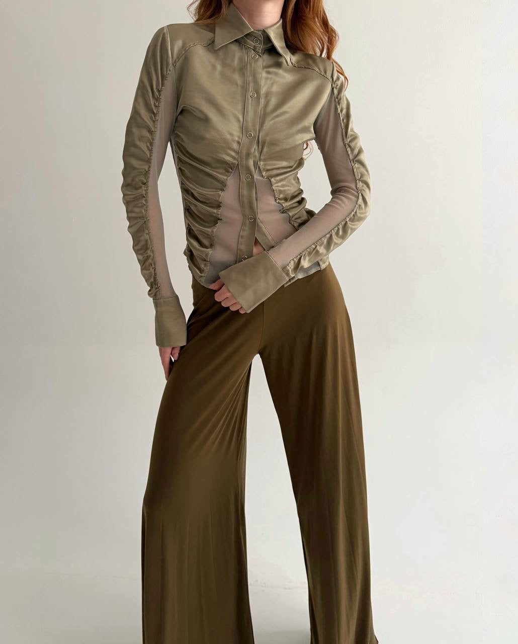 Vintage viscose olive green satin button-up blouse
