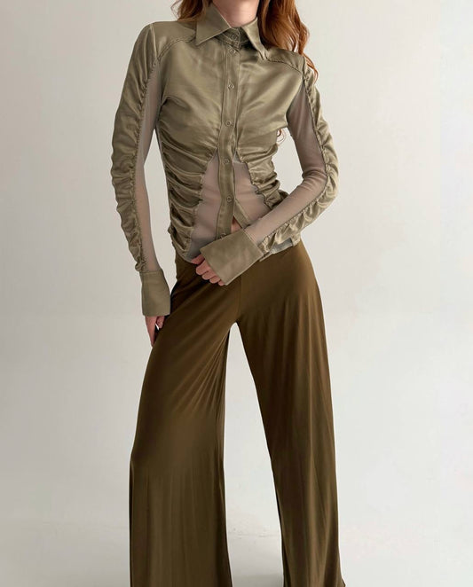 Vintage viscose olive green satin button-up blouse