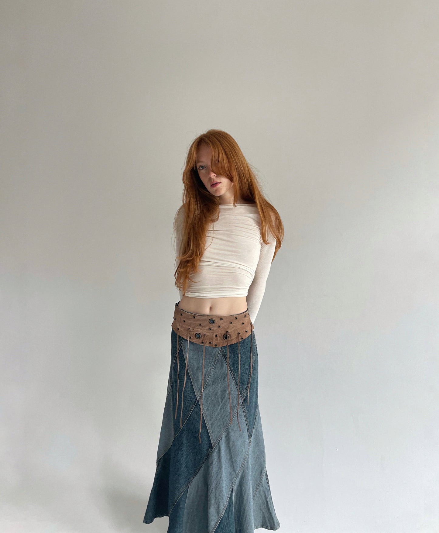 Vintage denim maxi skirt with leather waist part