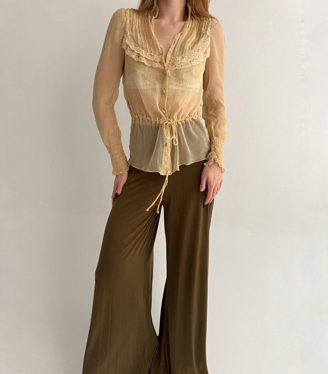 Vintage beige semi transparent blouse with lace