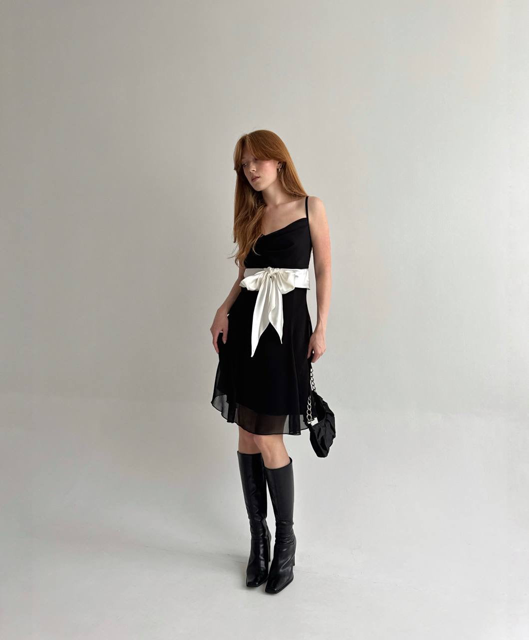 Vintage mini dress with white satin waist tie