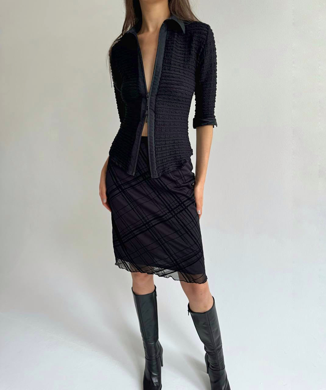 Vintage checked midi skirt with velour details