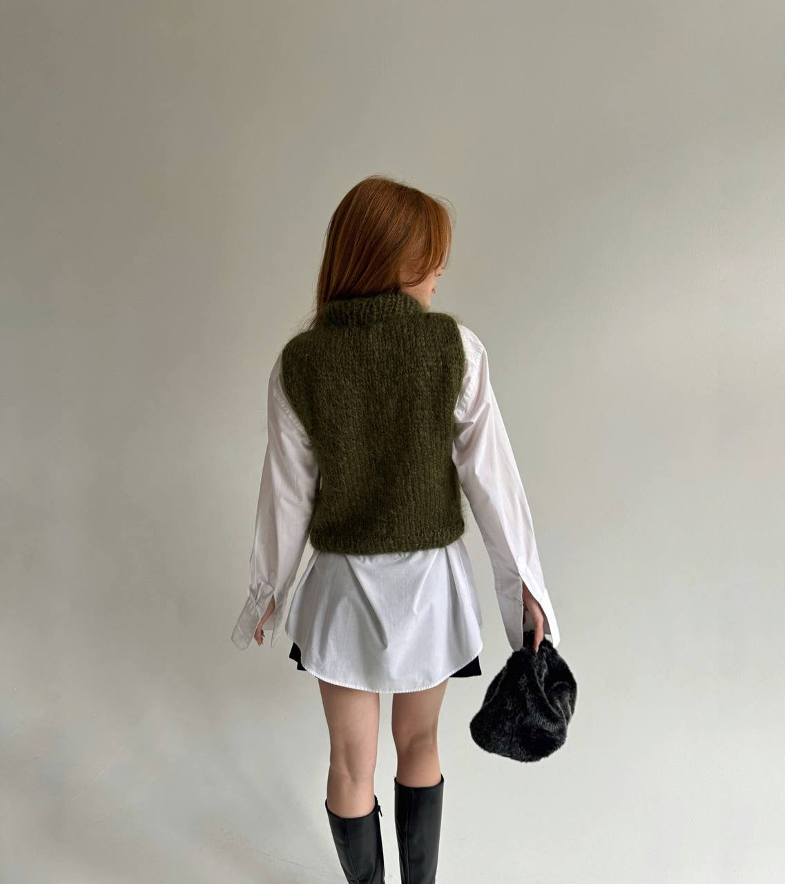 Vintage khaki fluffy knitted vest