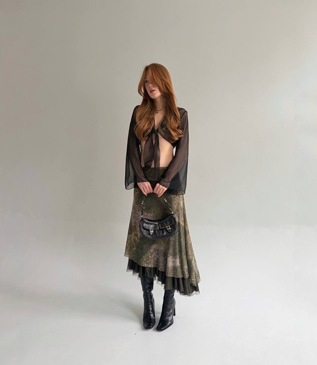 Y2K green printed midi asymmetrical skirt