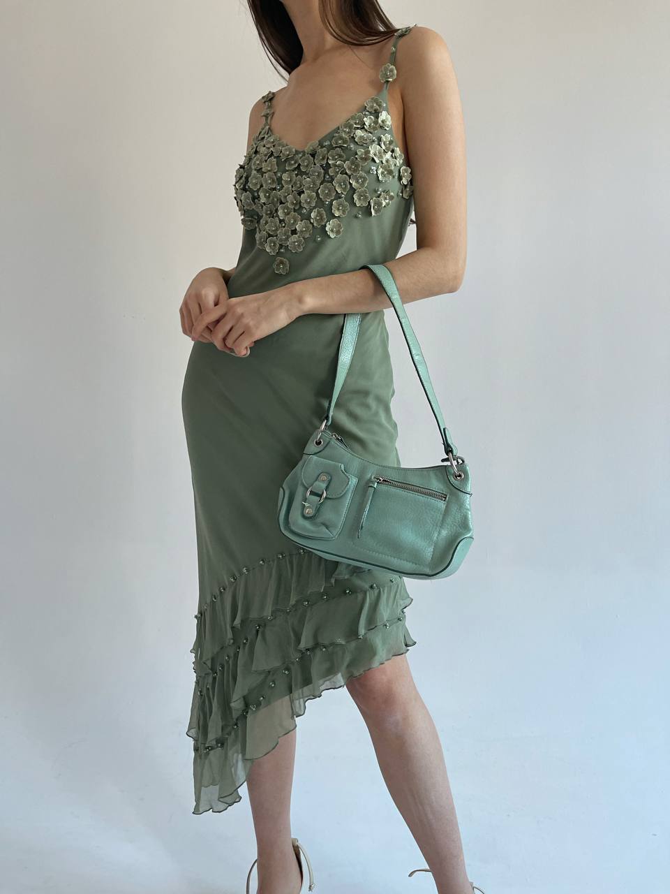 Vintage sage baguette bag with pockets