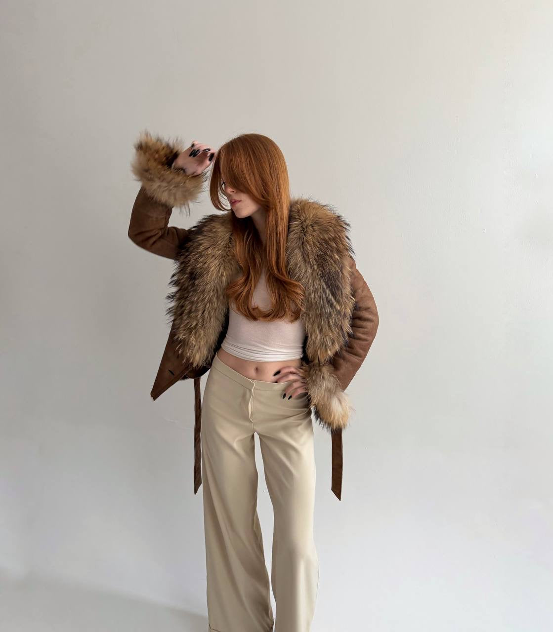 Vintage genuine leather jacket with real fur collar