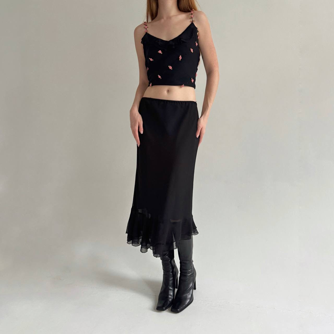 Vintage asymmetrical ruffled black skirt