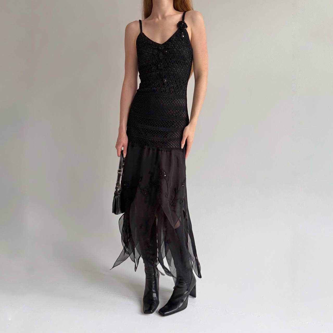 Vintage black 100% rayon asymmetrical long dress