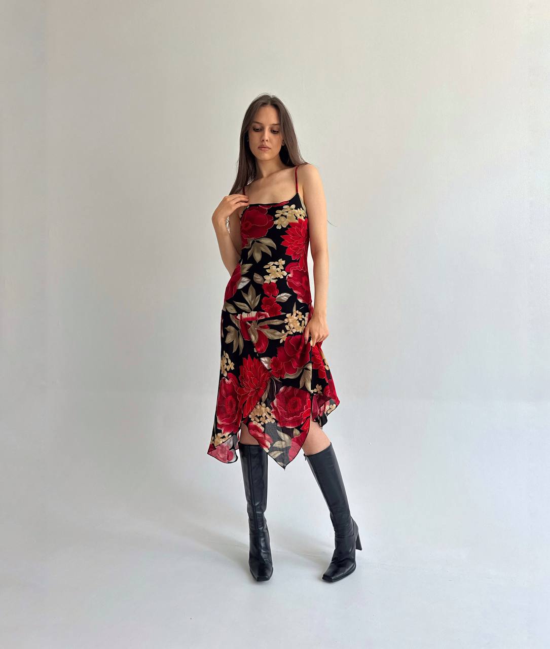 Vintage viscose red flower printed dress