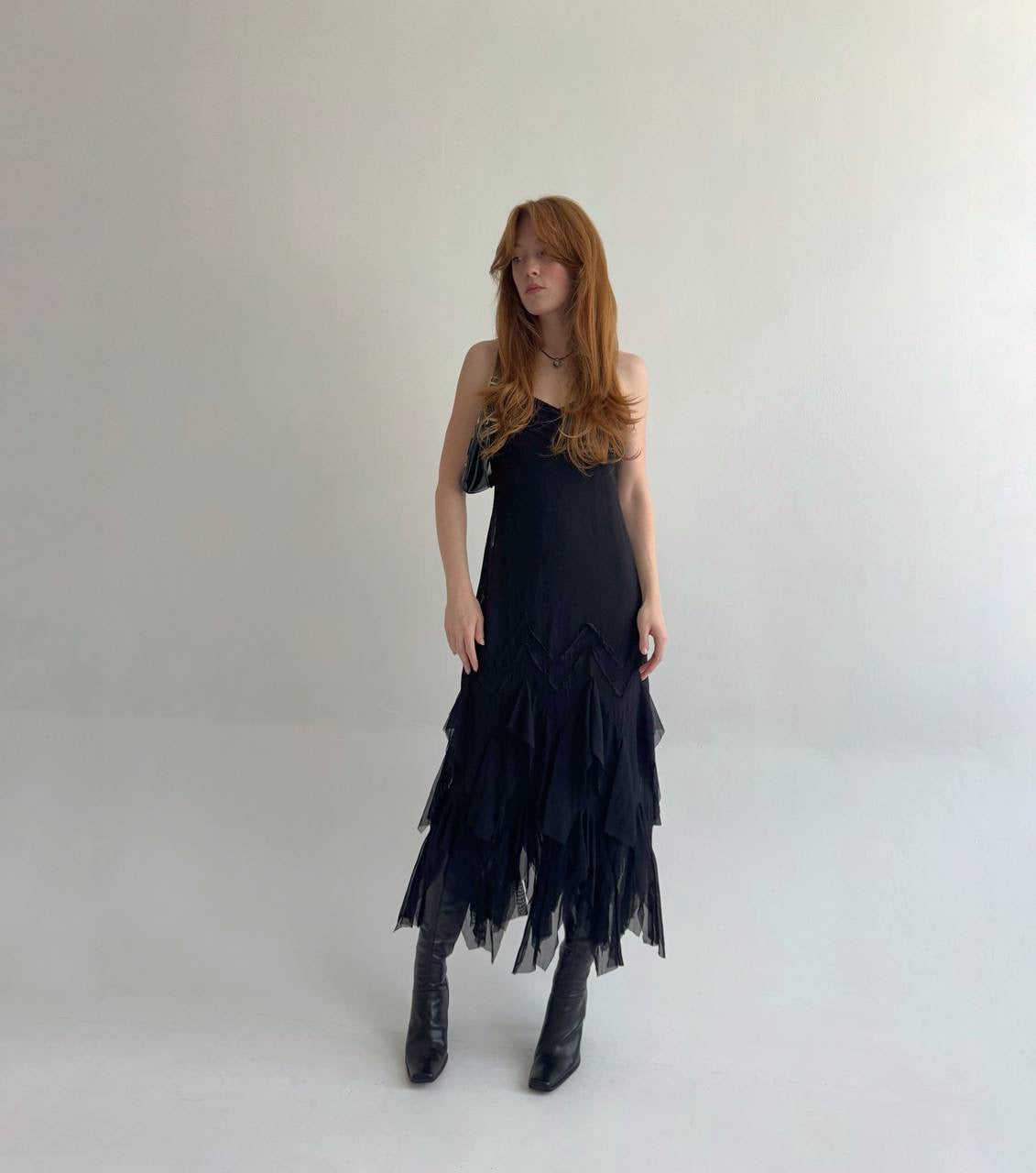 Y2K black asymmetrical slip dress