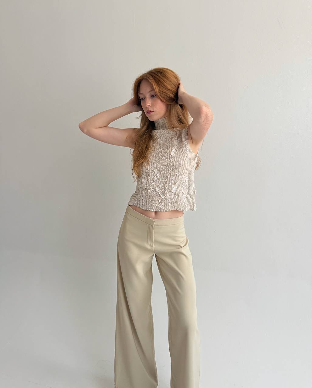 Vintage champagne satin pleated top