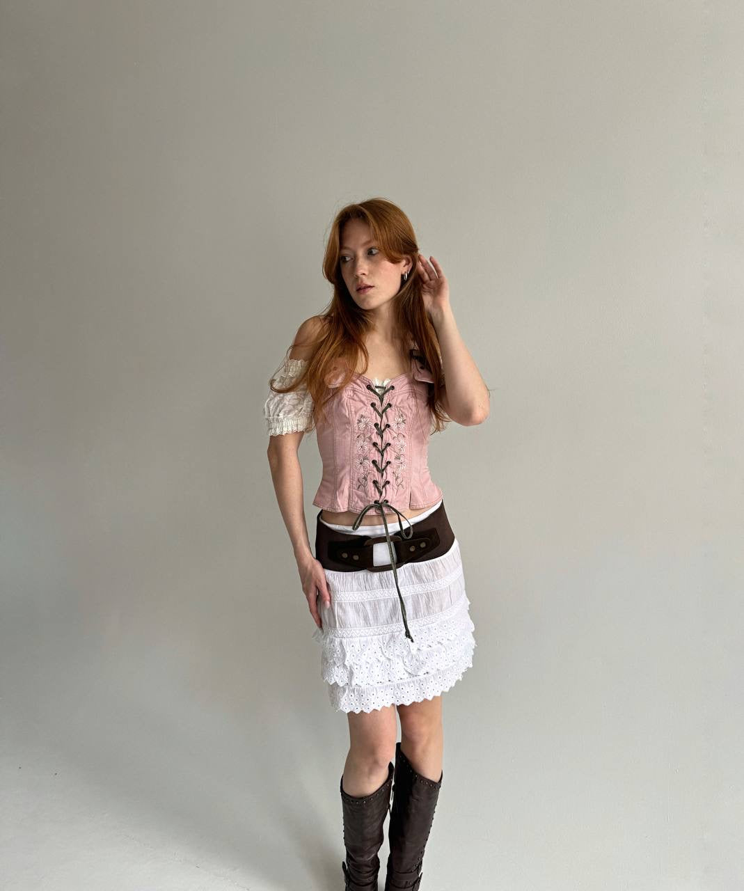 Vintage cotton white ruched skirt