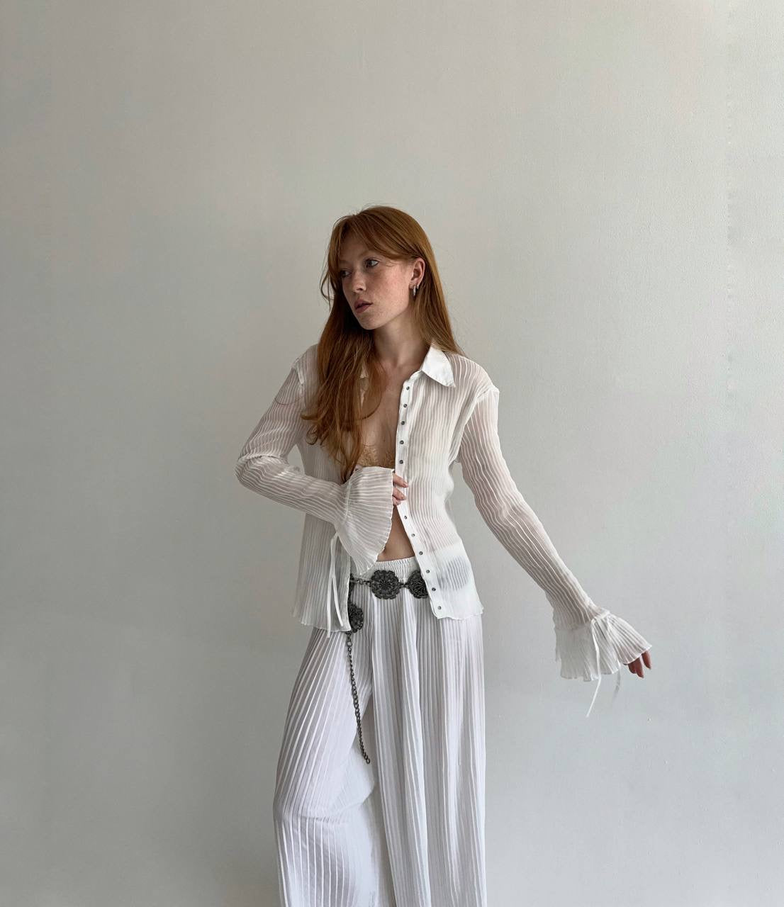 Vintage semi white pleated blouse
