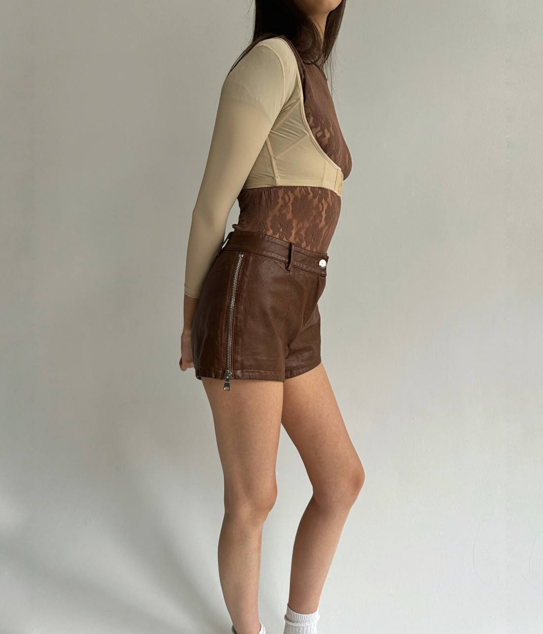 Y2K genuine leather shorts with side zippers