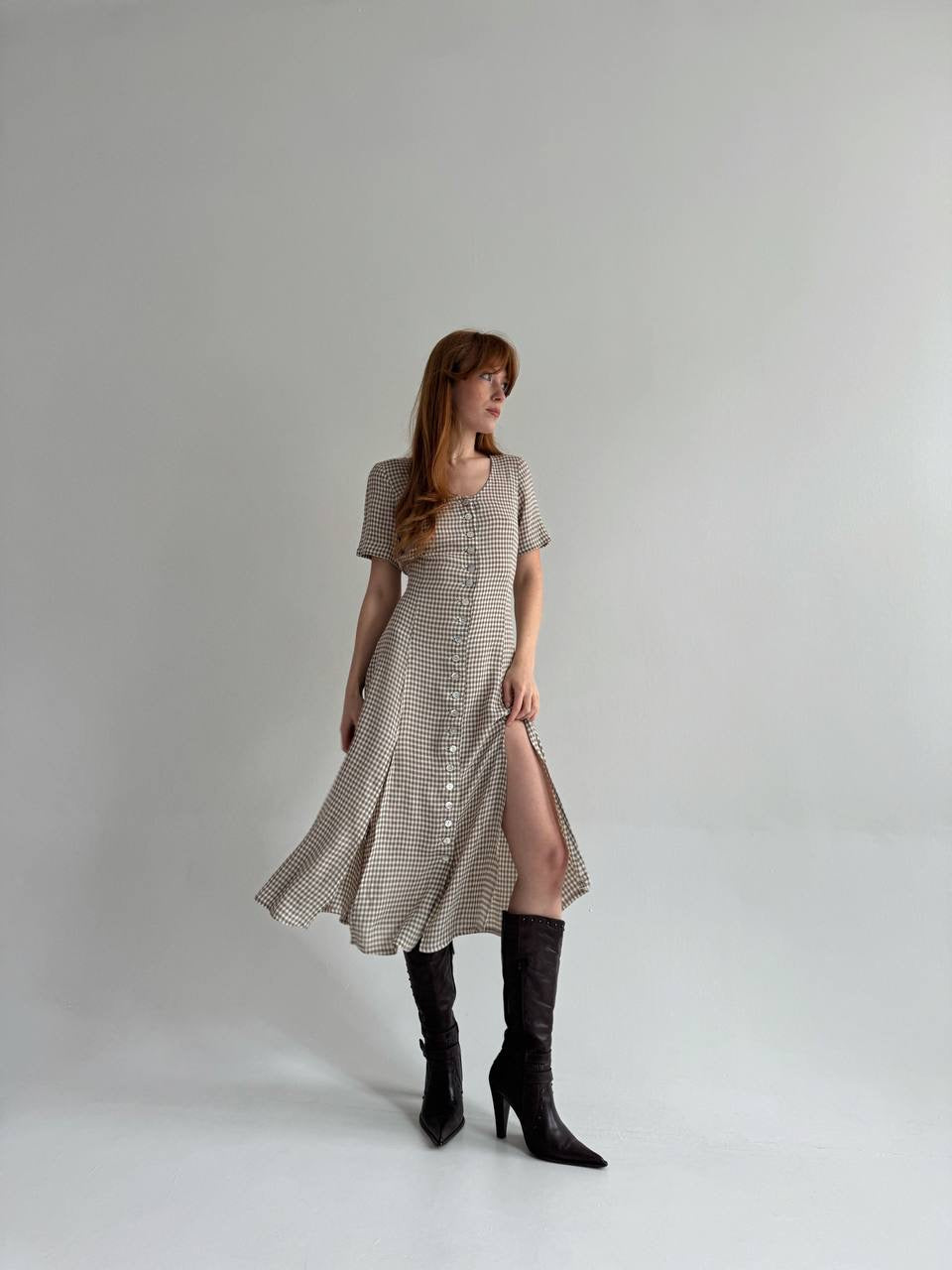 Vintage viscose checked dress with a waist tie