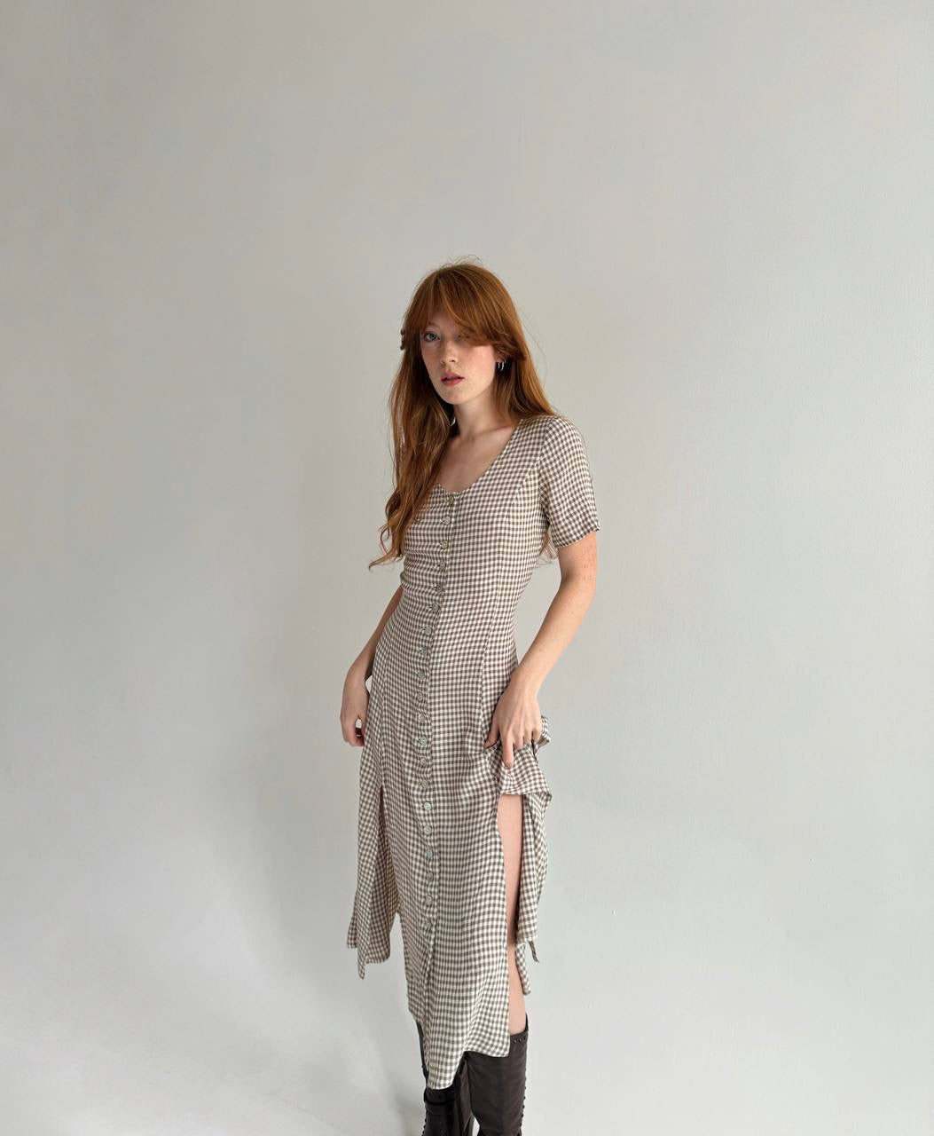 Vintage viscose checked dress with a waist tie
