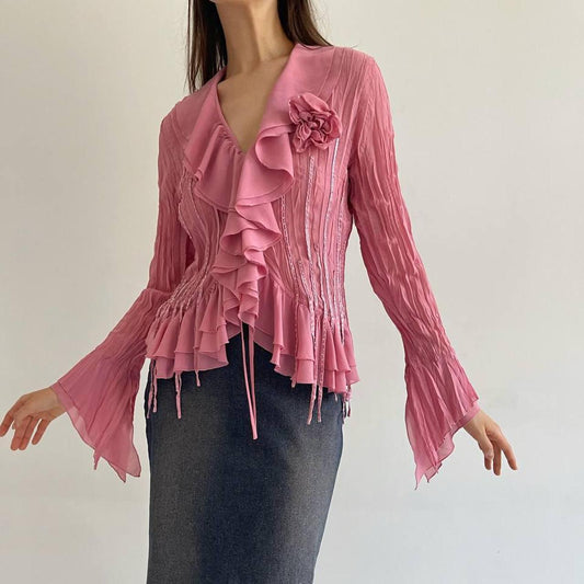 Vintage pink pleated blouse with ruffles and flower appliqué