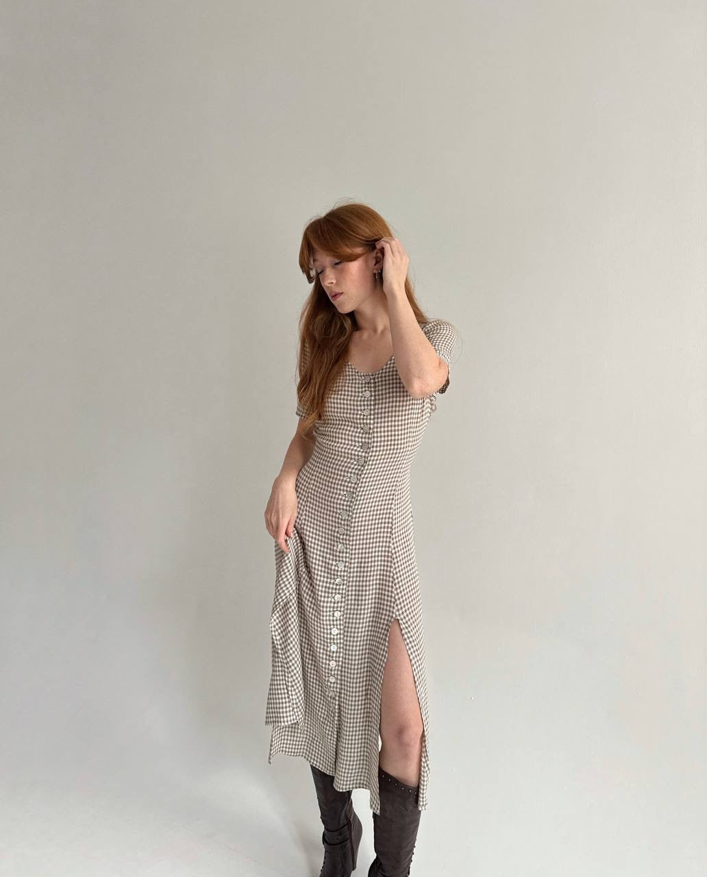 Vintage viscose checked dress with a waist tie
