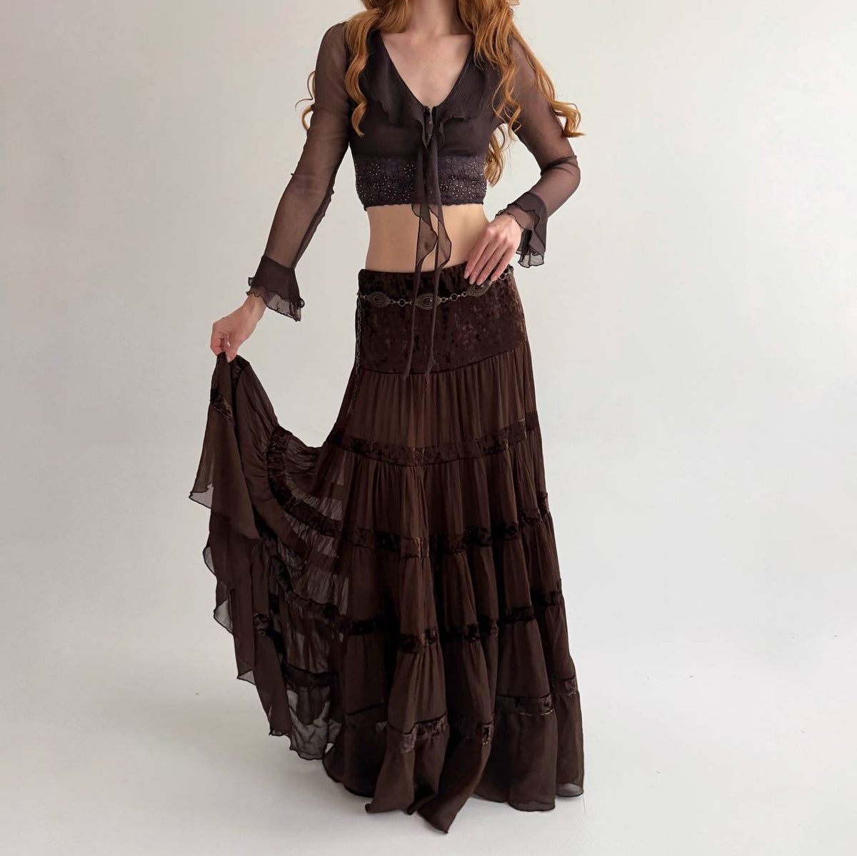 Vintage viscose brown sheer ruched maxi skirt