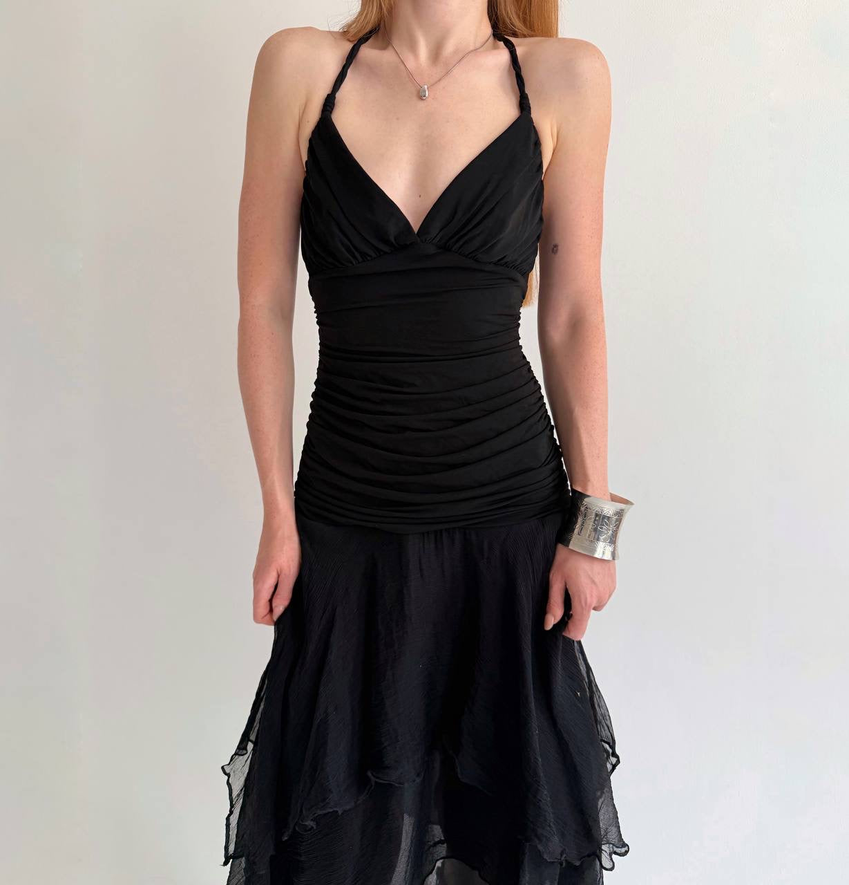 Y2K pure silk bottom black asymmetrical dress