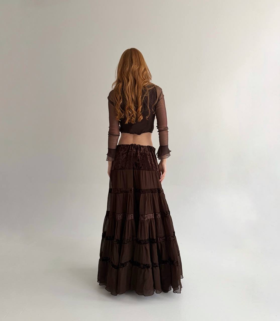Vintage viscose brown sheer ruched maxi skirt