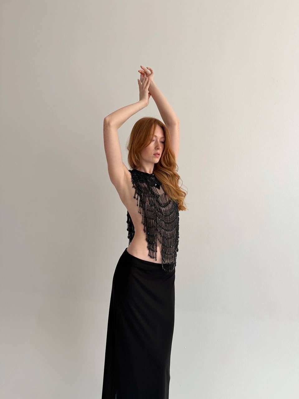 Vintage black beaded fringe mesh top accessory
