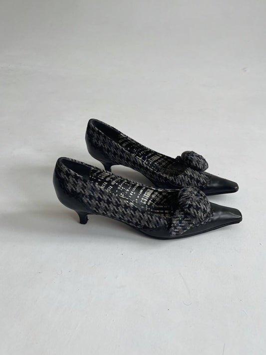 Vintage Prada houndstooth kitten heels with rose brooch