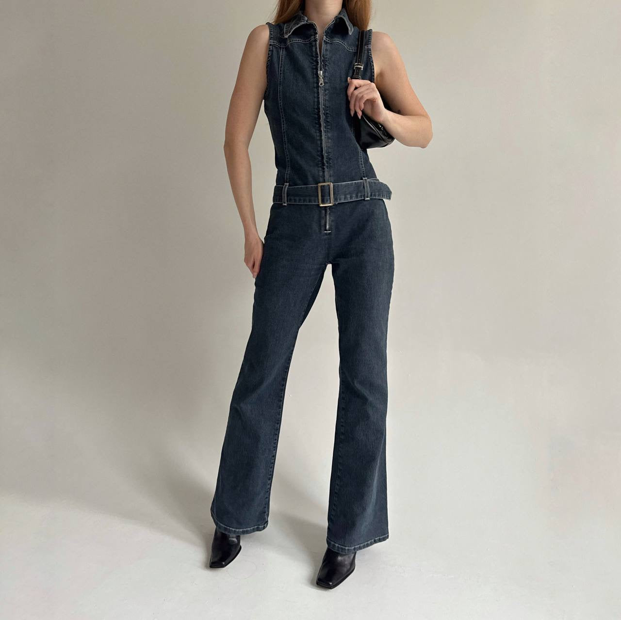Vintage denim jumpsuit with a belt and front zip