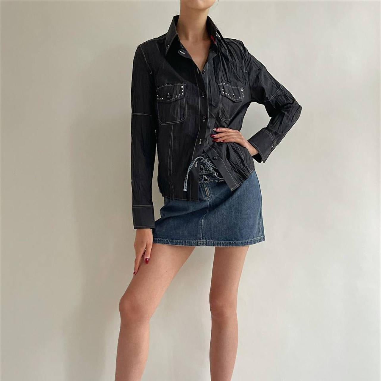 Vintage black crinkle blouse with rhinestones