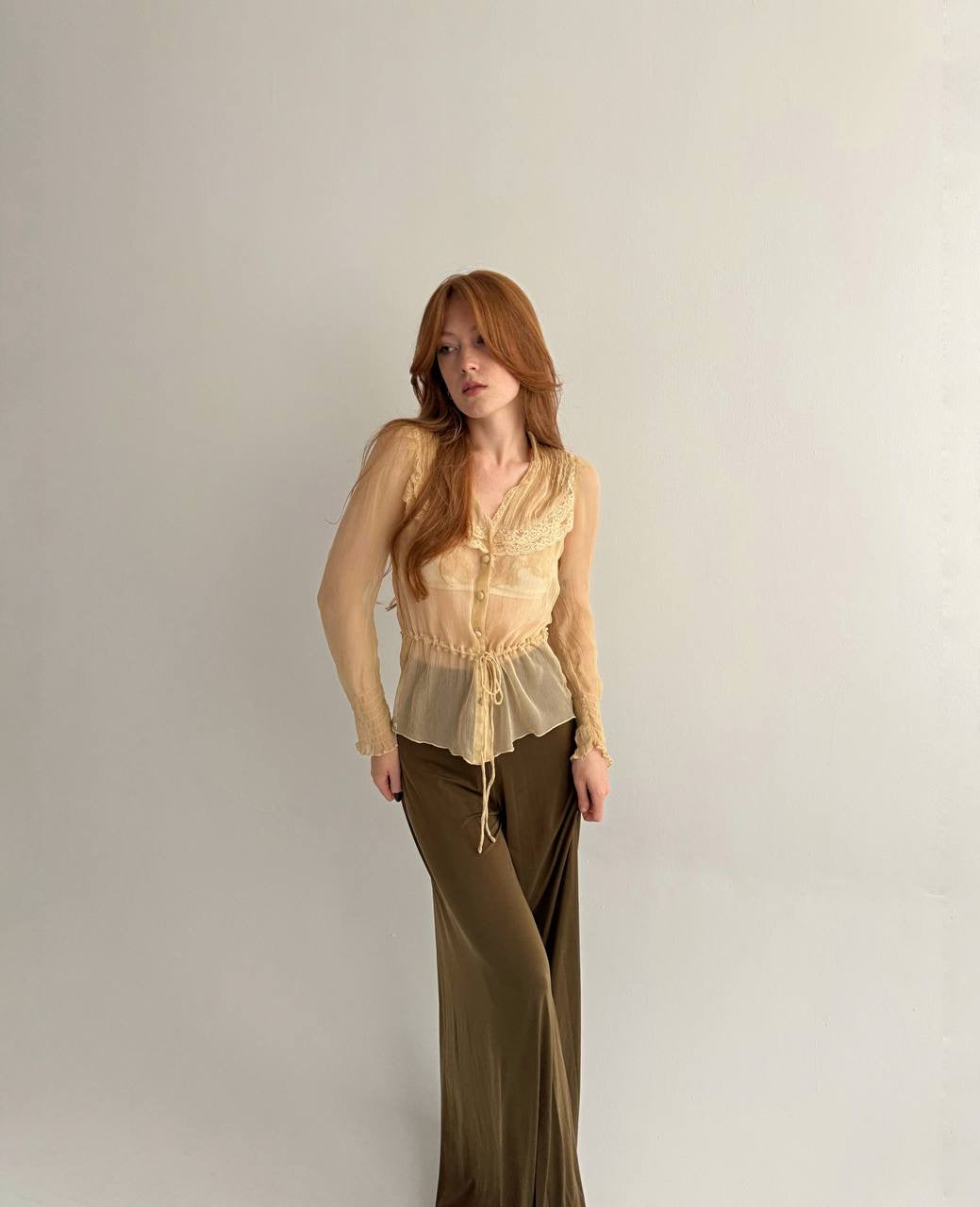 Vintage beige semi transparent blouse with lace