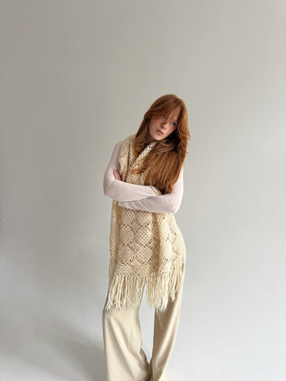 Vintage buttercream knitted wide scarf