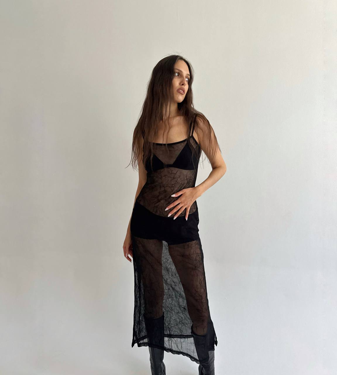 Vintage mesh crinkle fabric dress