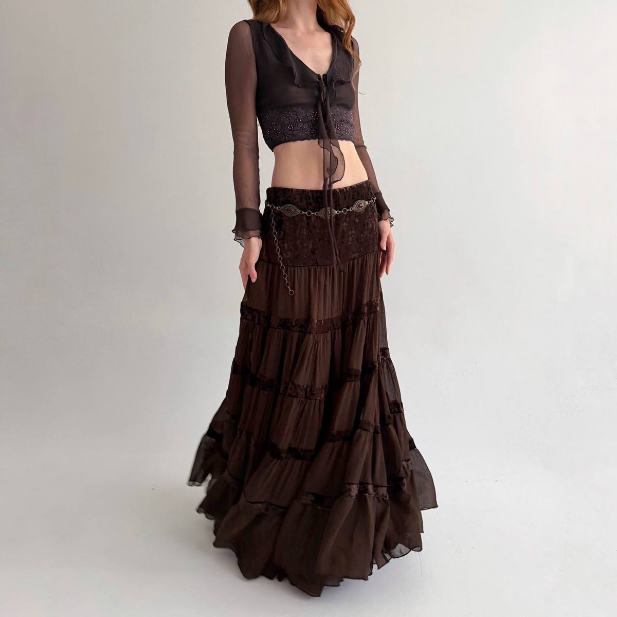 Vintage viscose brown sheer ruched maxi skirt
