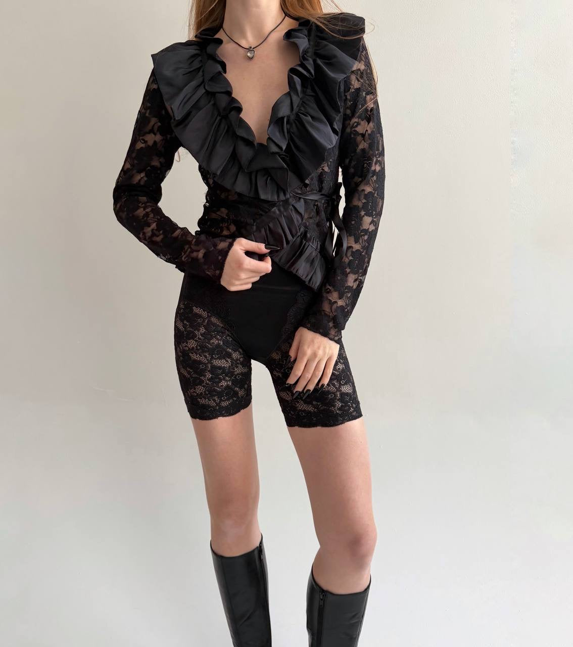 Vintage black lace blouse with ruched ruffles