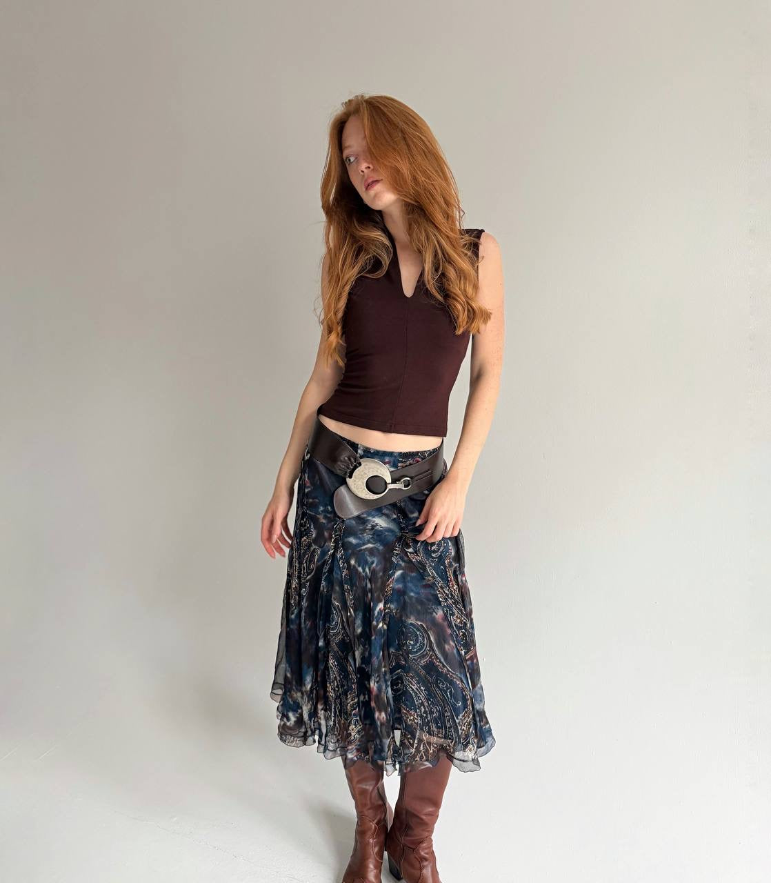 Vintage 100% pure silk midi flowy skirt