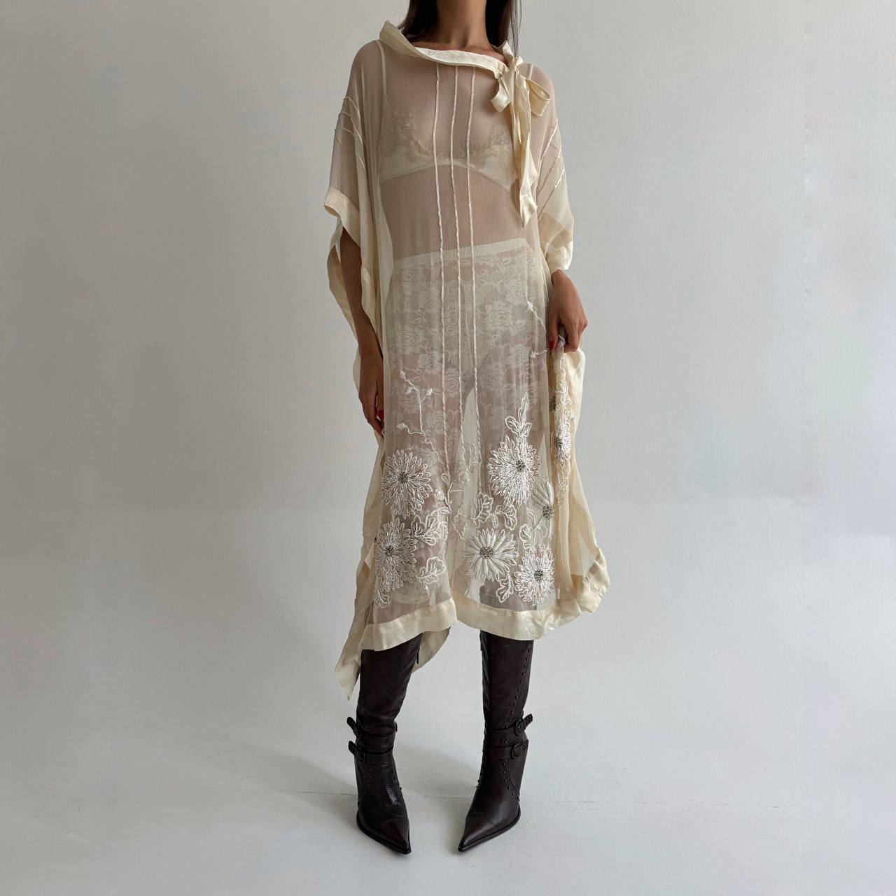 Vintage pure silk beaded crepe sheer dress