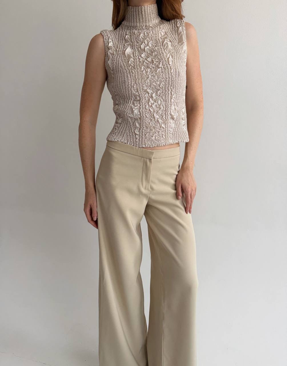 Vintage champagne satin pleated top