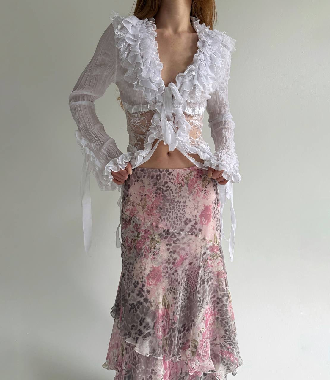 Vintage printed ruched long skirt