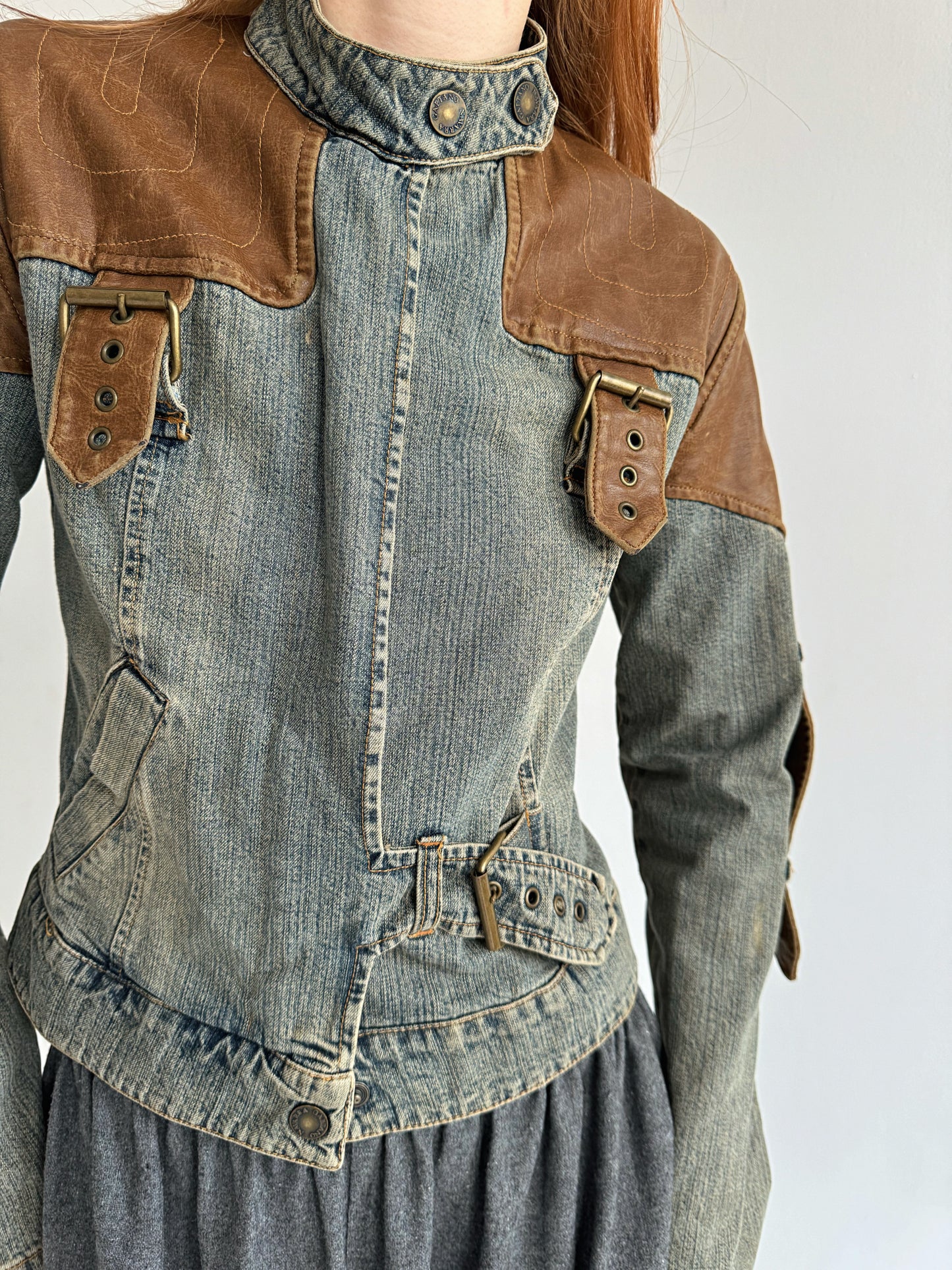 Vintage washed denim fitted moto jacket