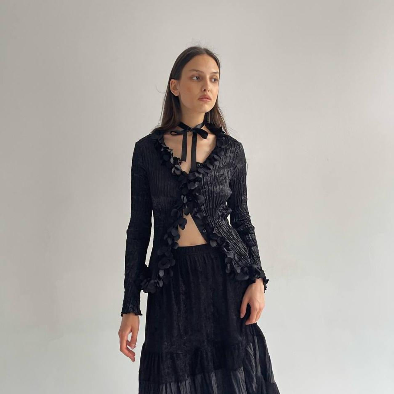 Vintage satin pleated blouse with petals